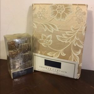 Gold Brocade Shower Curtain & Acanthus Pot Hooks